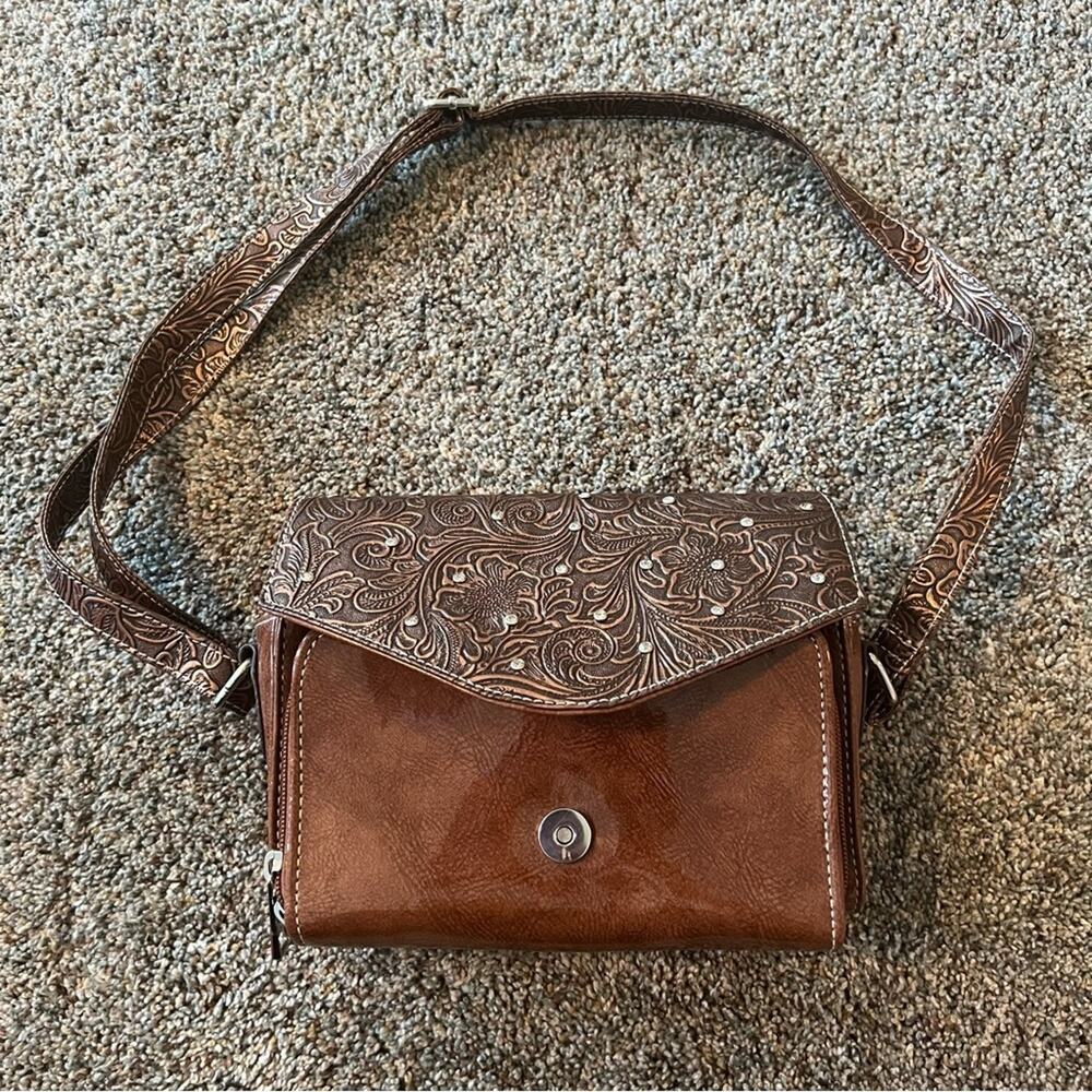 Traditions Pleather Brown Tooled Floral Purse & Wallet Set w/ Rhinestones